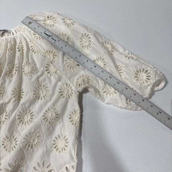 MADEWELL Embroidered Shirred Puff-Sleeve Top M Floral Eyelet Ivory Boho Peasant - Picture 10 of 12